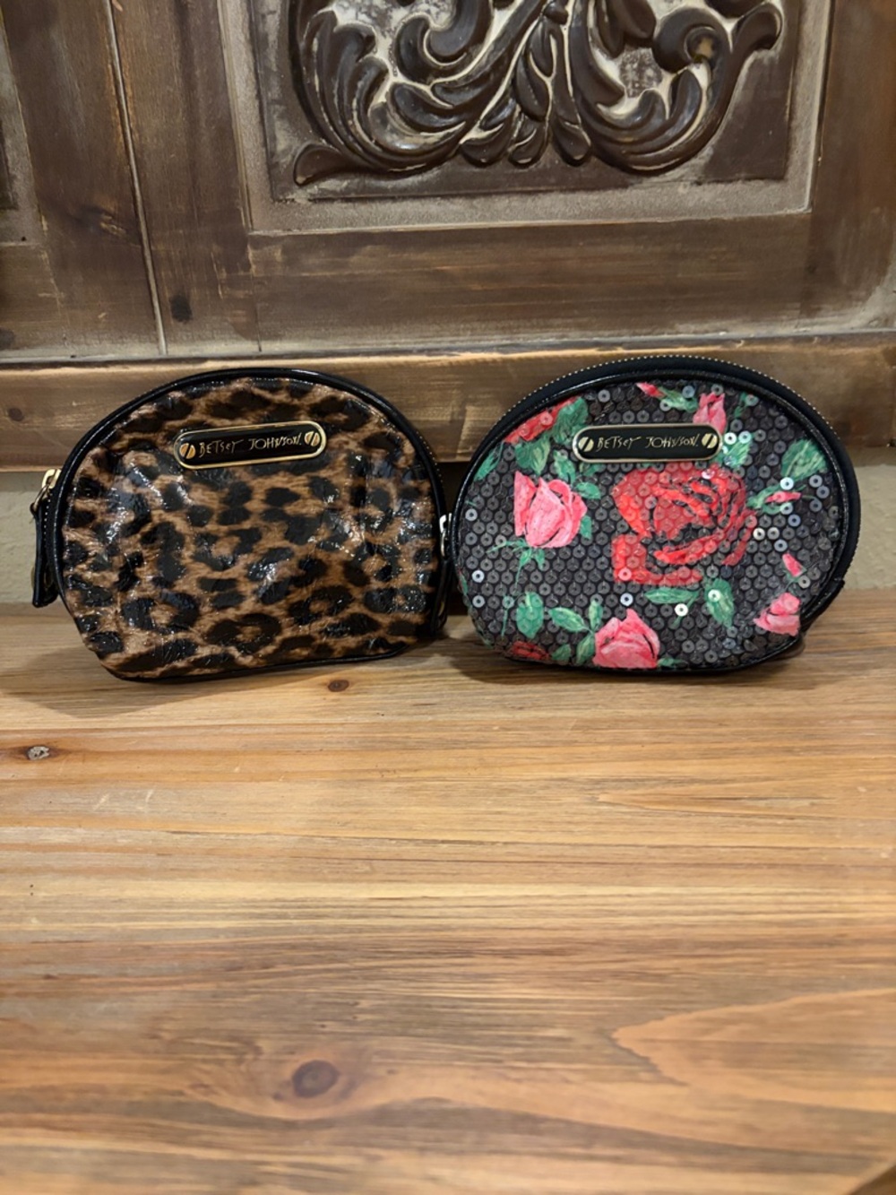 Betsey Johnson Leopard & Sequin Rose Print Small Cosmetic Pouch Set of 2